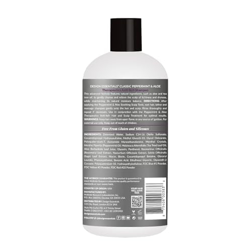 Design Essentials Peppermint Aloe Therapeutics AntiItch Shampoo label highlights moisture balance and scalp comfort.
