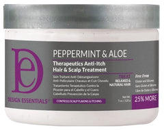 Design Essentials Peppermint & Aloe Therapeutics bottle for soothing scalp care and daily conditioning.