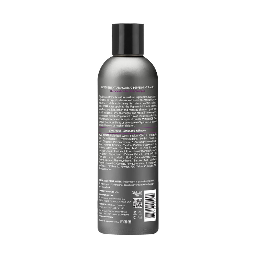 Design Essentials Peppermint Aloe Therapeutics label closeup with active ingredients.