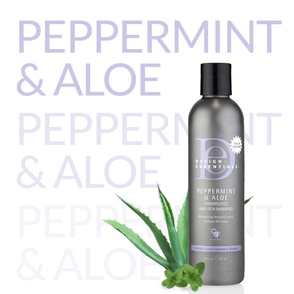 Design Essentials Peppermint Aloe Therapeutics packaging box displays product details.
