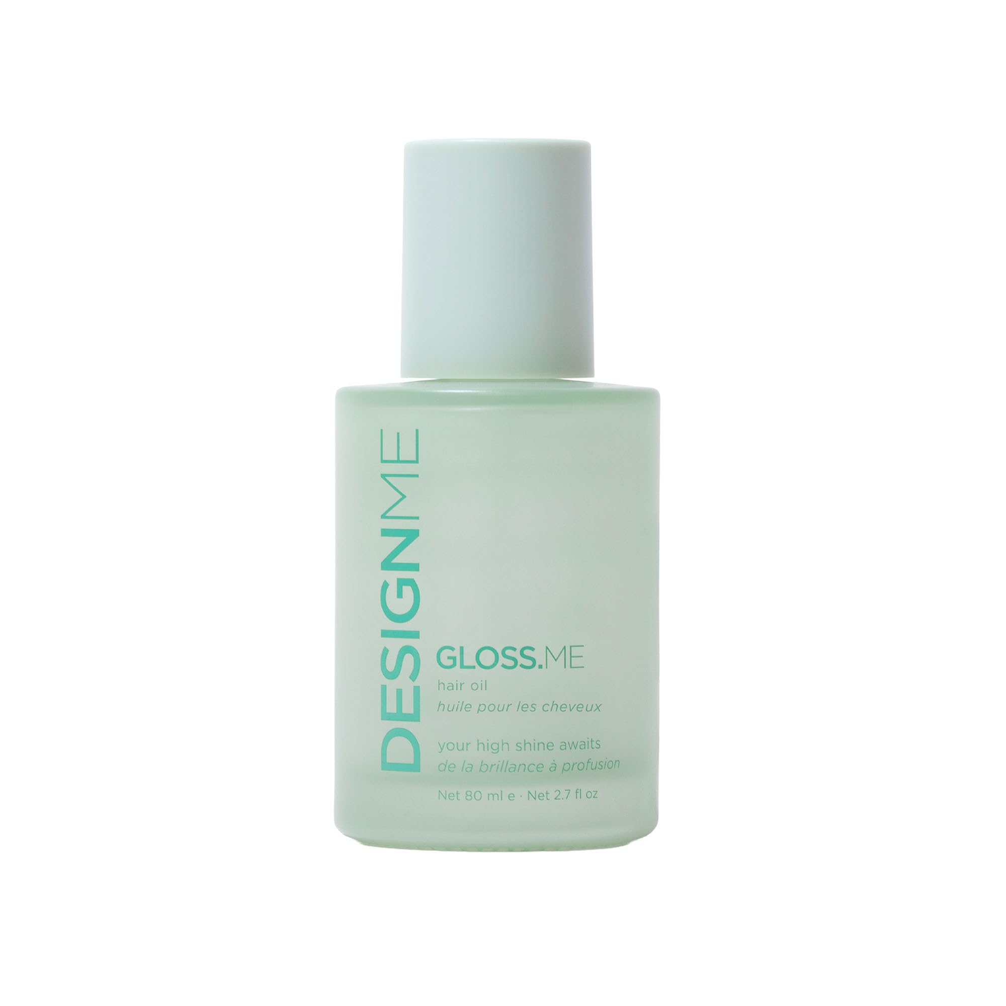 Design.Me GLOSS.ME bottle pour demonstrates lightweight frizz control on damp hair.