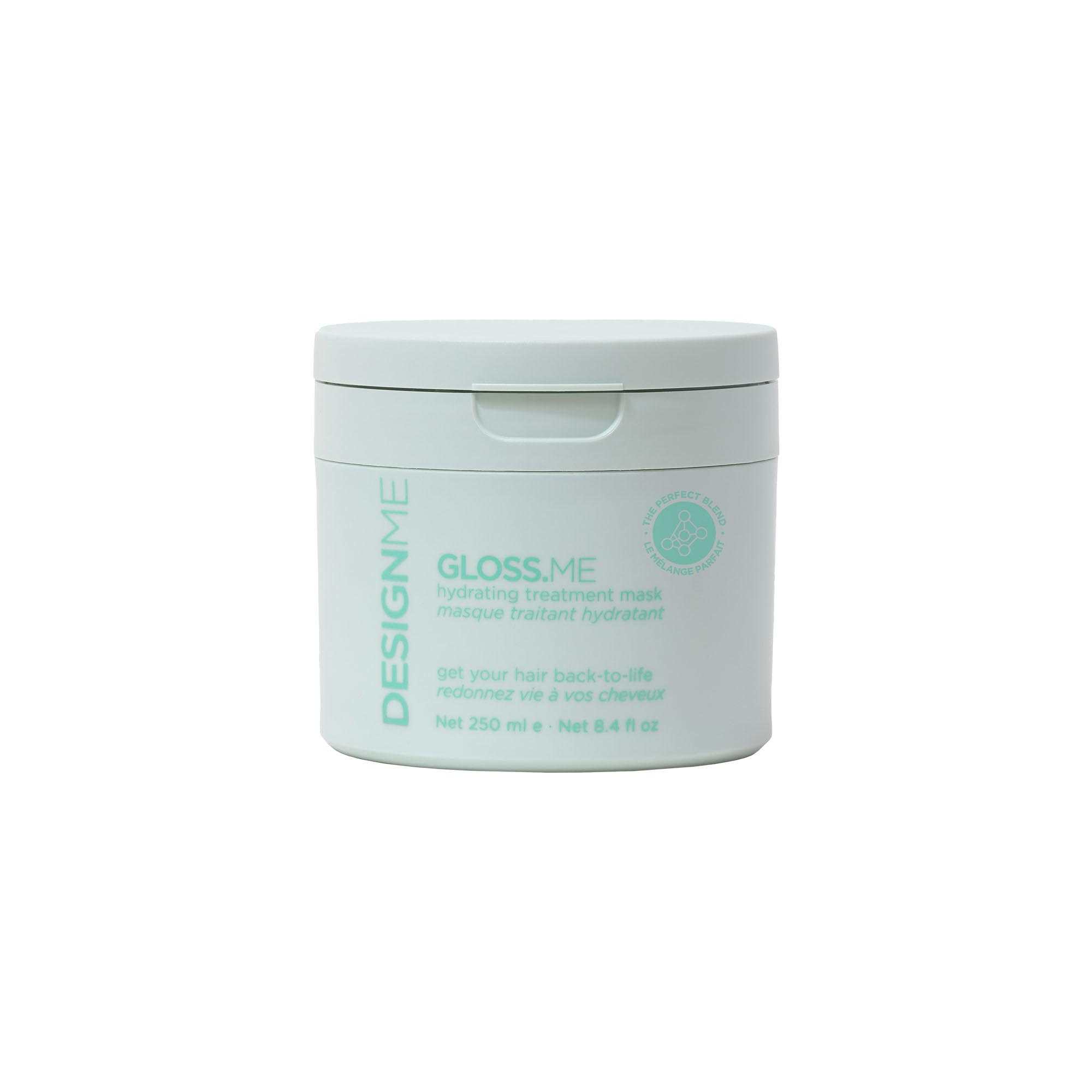 Design.Me Gloss.Me Hydrating Treatment Mask bottle shows luxurious moisture for frizz control.