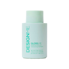Design.Me GLOSS.ME Hydrating Shampoo bottle close-up shows moisturizing formula for dry hair
