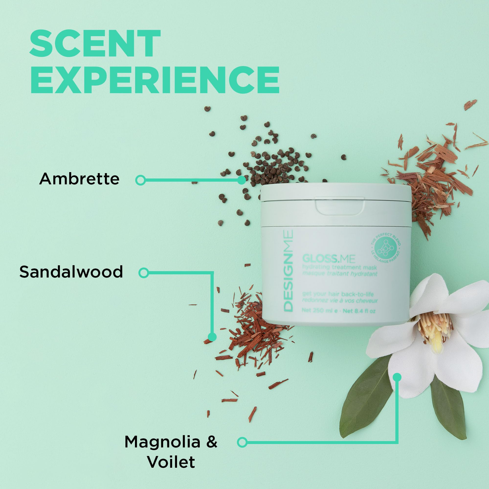 Design.Me Gloss.Me hydrolyzed soy protein powder emphasizes strengthening formula for resilient hair.