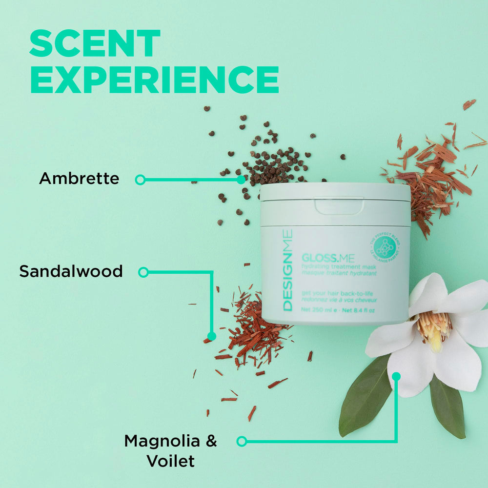 Design.Me Gloss.Me hydrolyzed soy protein powder emphasizes strengthening formula for resilient hair.