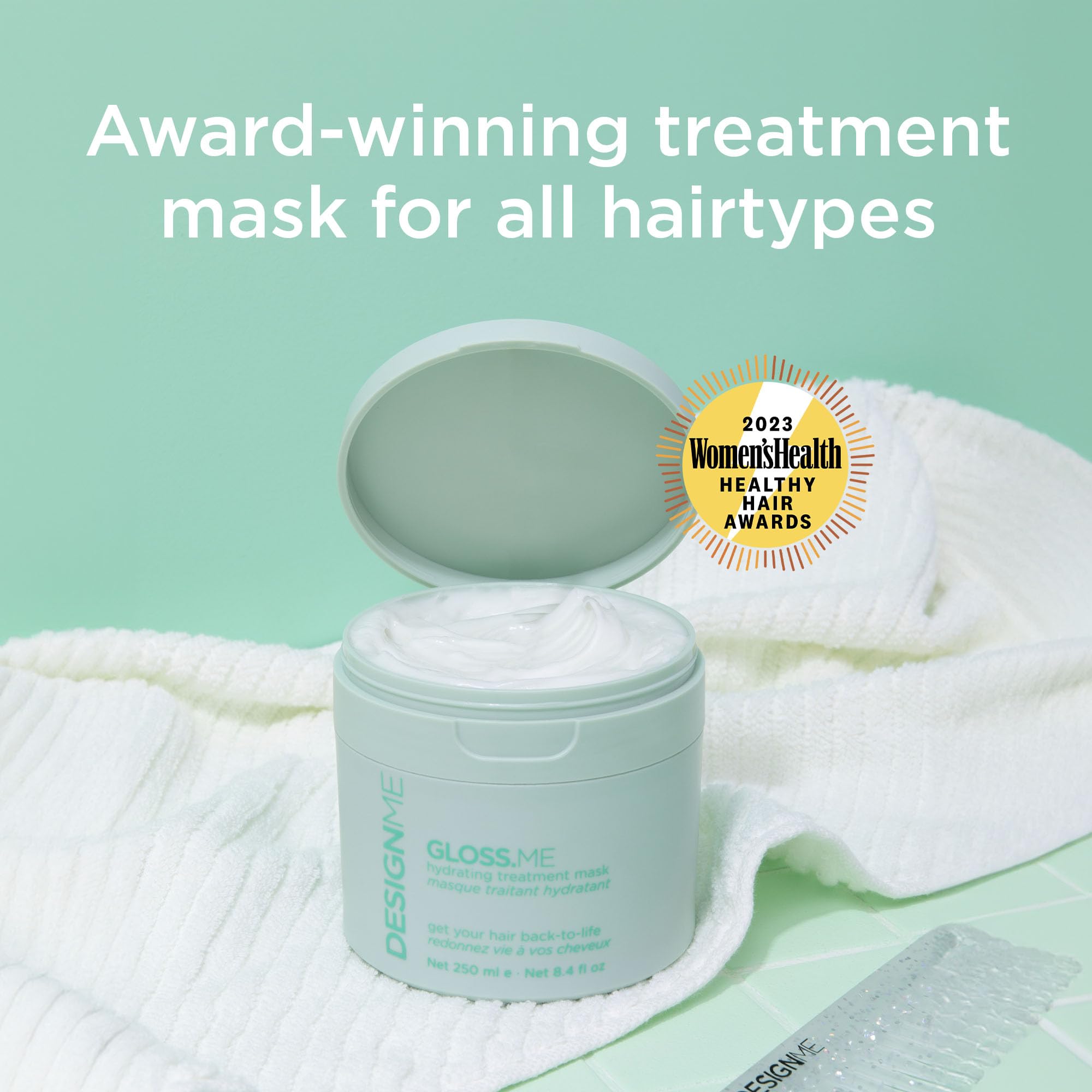 Design.Me Gloss.Me mask application on hair demonstrates deep conditioning and detangling benefits.