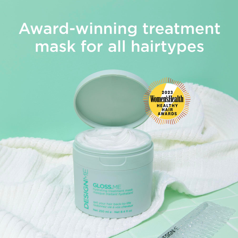 Design.Me Gloss.Me mask application on hair demonstrates deep conditioning and detangling benefits.