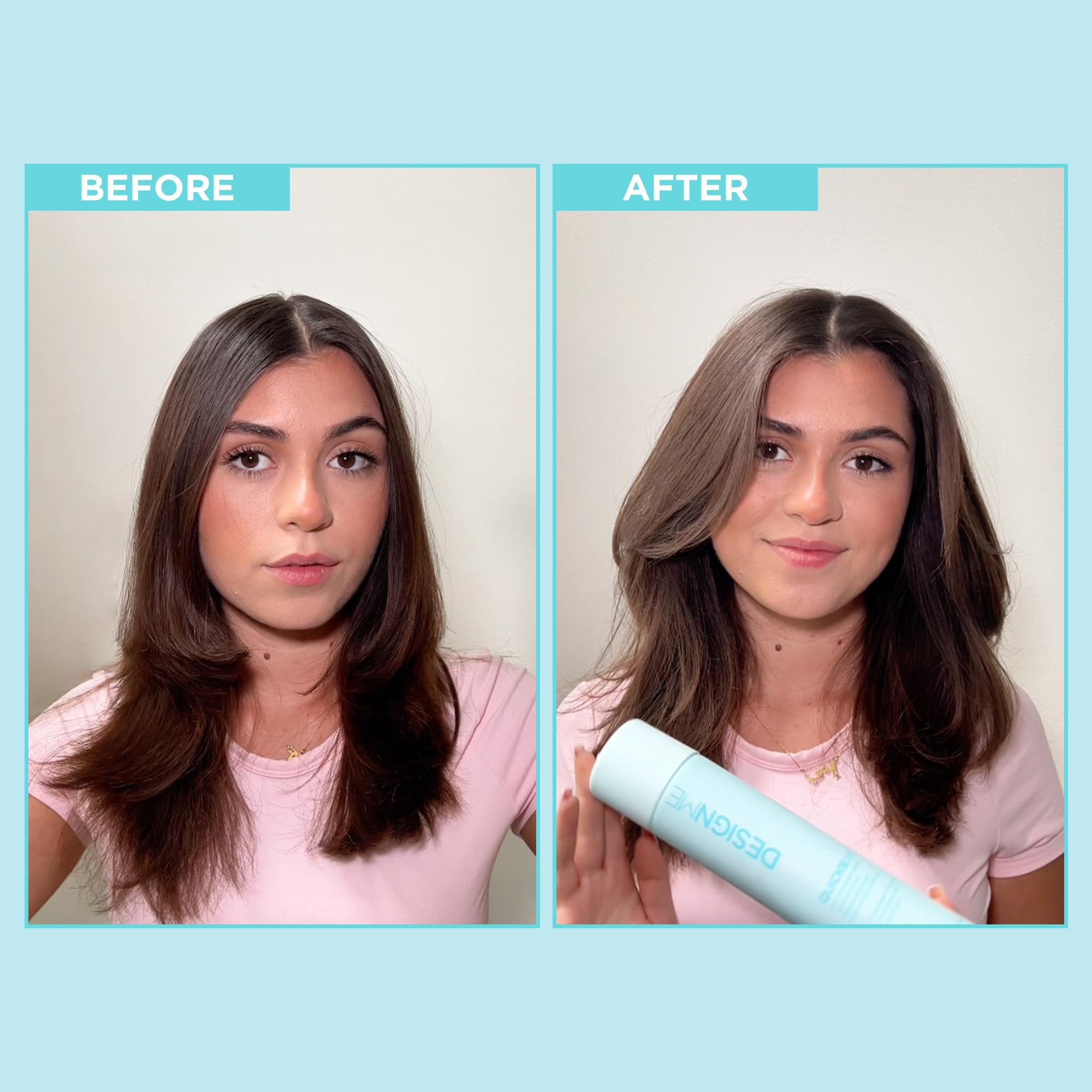 Design.Me Quickie.Me dry shampoo spray nozzle dispensing to refresh roots without washing.