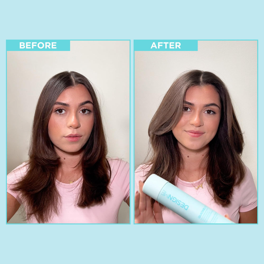 Design.Me Quickie.Me dry shampoo spray nozzle dispensing to refresh roots without washing.