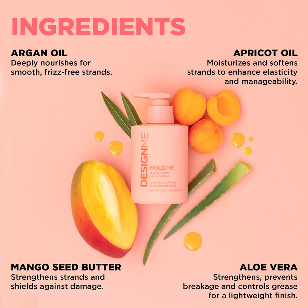Design.Me HOLD.ME styling cream on hair during blowout prepares for sleek finish.