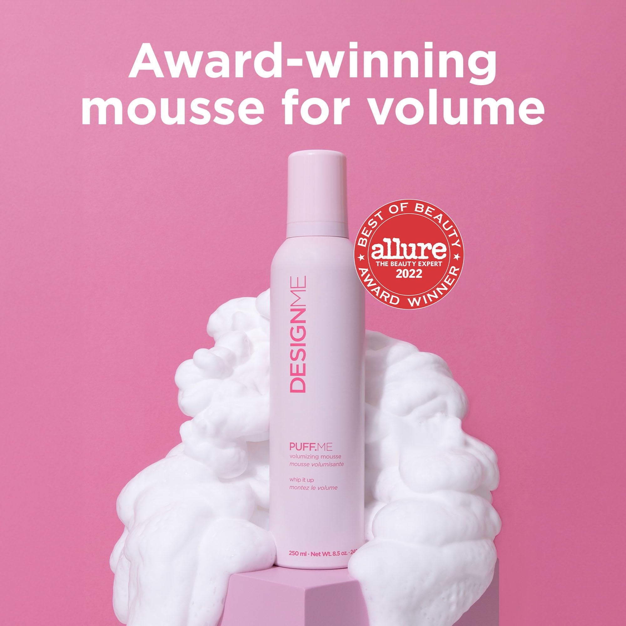 Design.Me PUFF.ME damp hair application shows even root-to-tip distribution.
