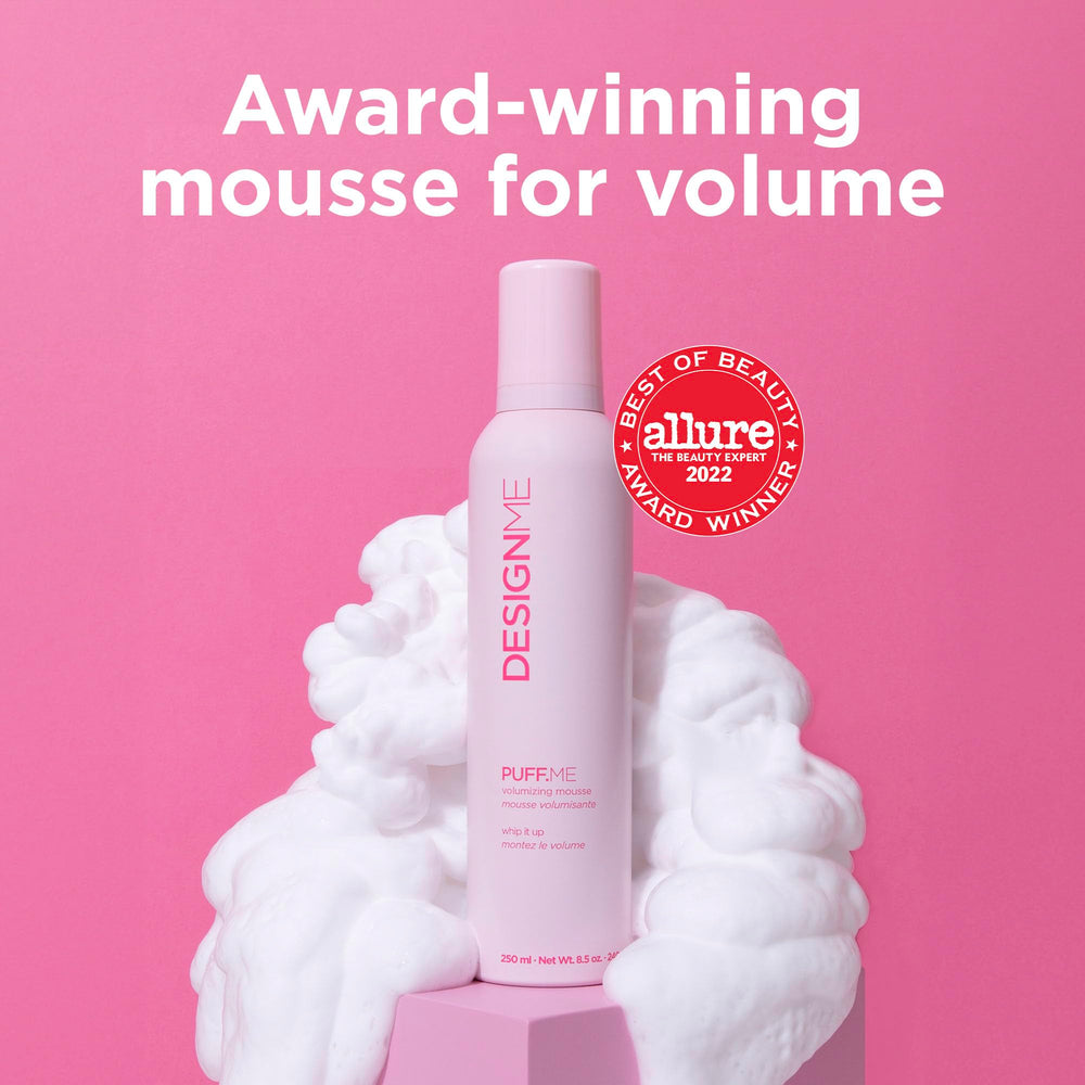 Design.Me PUFF.ME damp hair application shows even root-to-tip distribution.