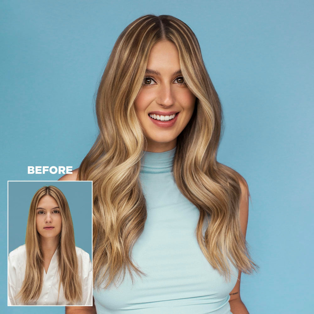 Design.Me QUICKIE.ME light tones spray application demonstrates easy root refresh on the go.