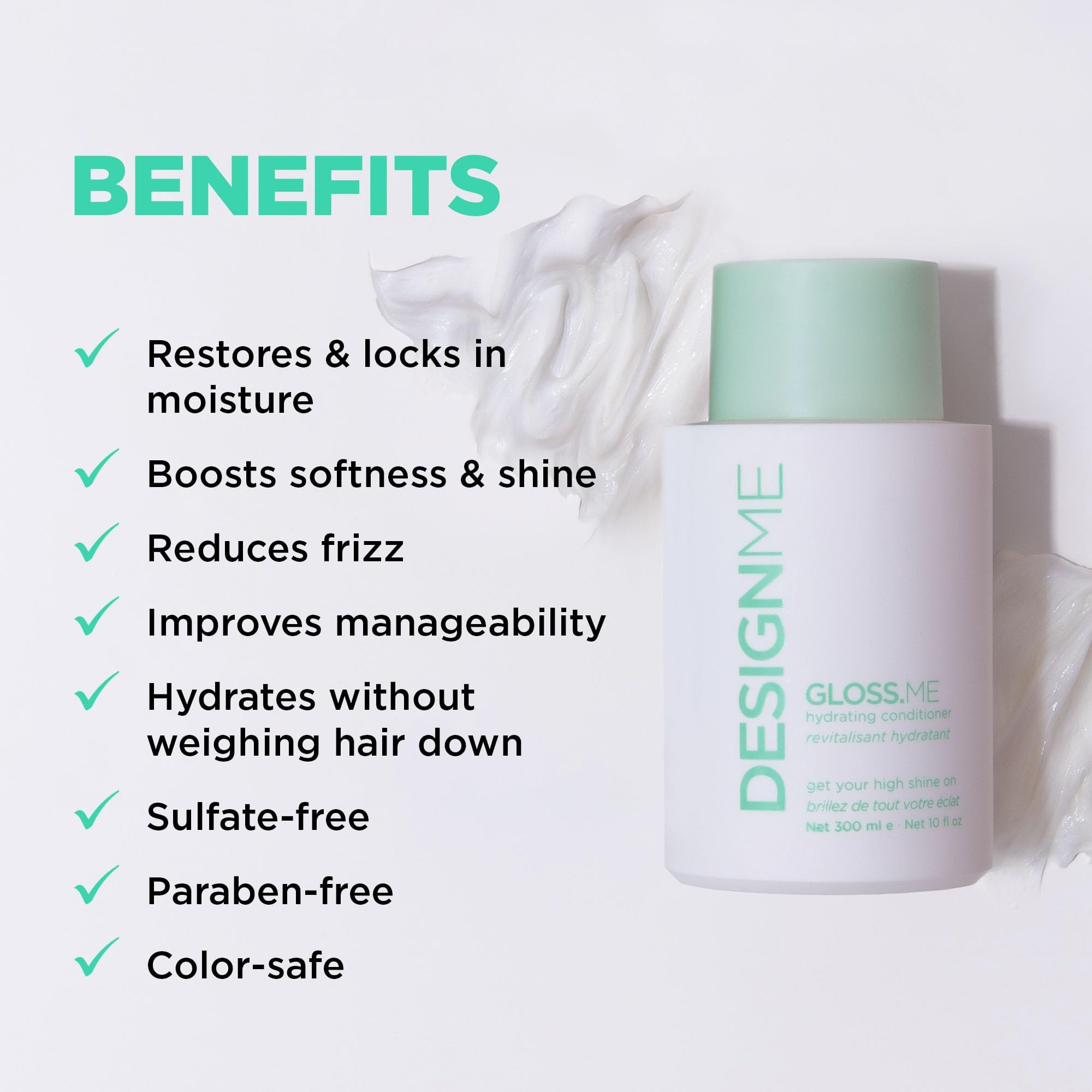 Design.Me GLOSS.ME Hydrating Conditioner ingredients close-up with moringa and argan oils.