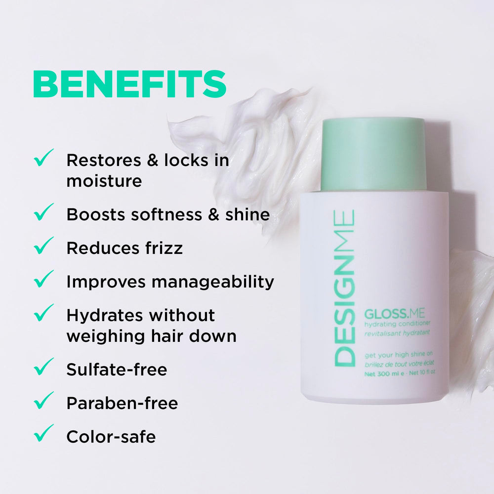 Design.Me GLOSS.ME Hydrating Conditioner ingredients close-up with moringa and argan oils.