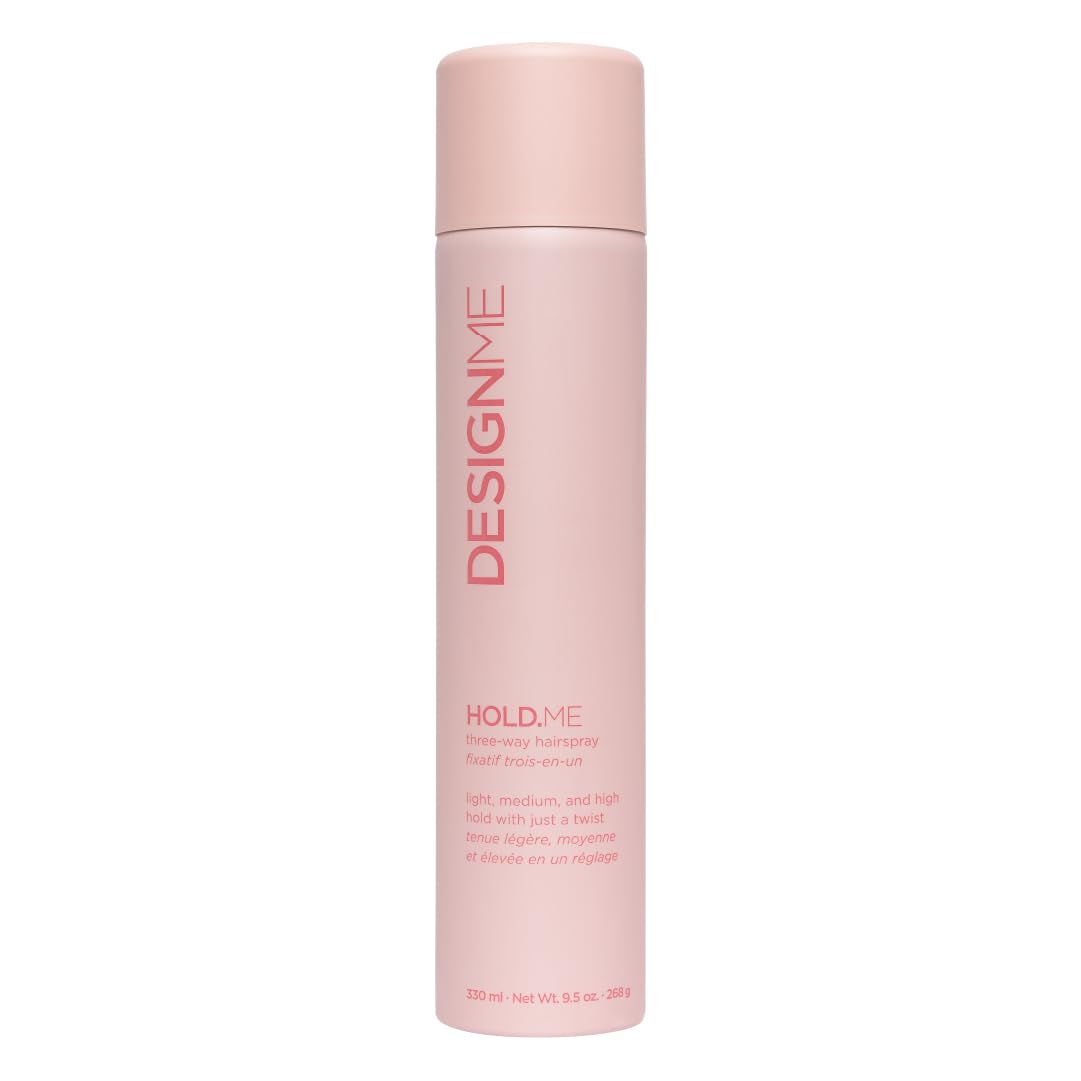 Design.Me HOLD.ME hairspray bottle close-up showing versatile three-way hold.
