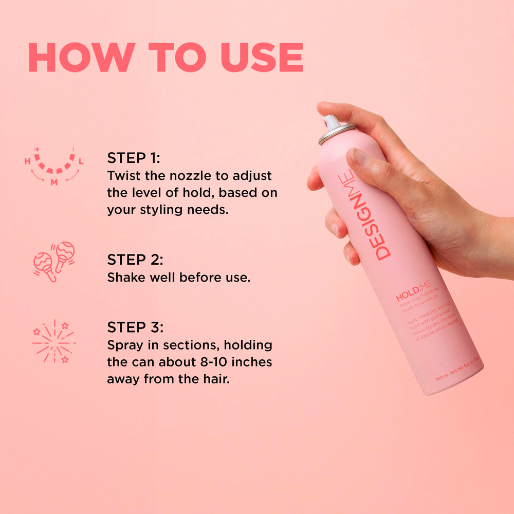 Design.Me HOLD.ME high hold spray delivers firm yet touchable finish.