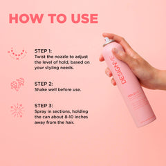 Design.Me HOLD.ME high hold spray delivers firm yet touchable finish.