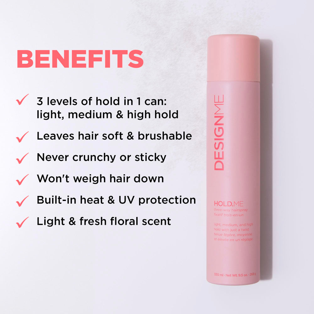 Design.Me HOLD.ME light hold spray ideal for prepping and flyaways.