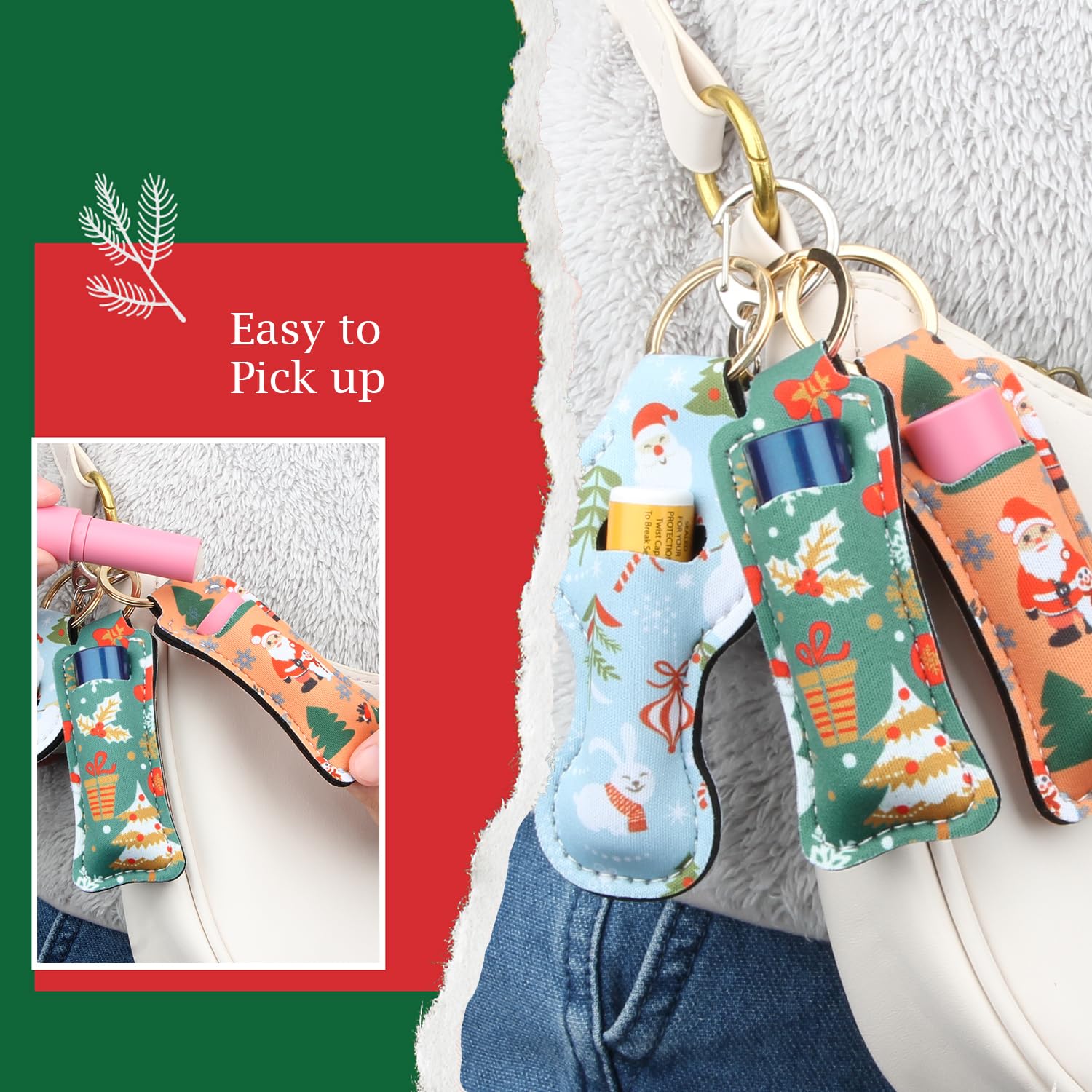 Desing Wish chapstick holder on a bag, showing purse-attachment for convenient lip care.