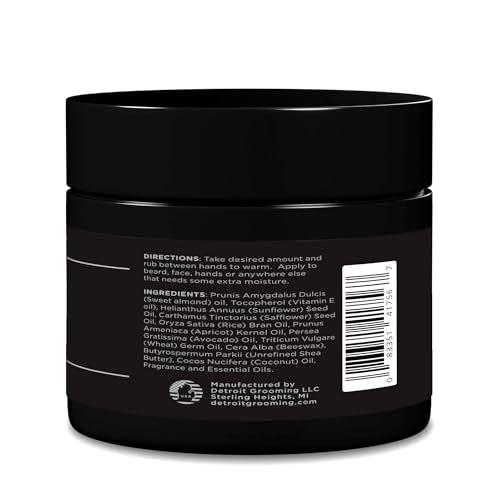 Detroit Grooming Co beard butter application steps highlighting easy grooming and scent.