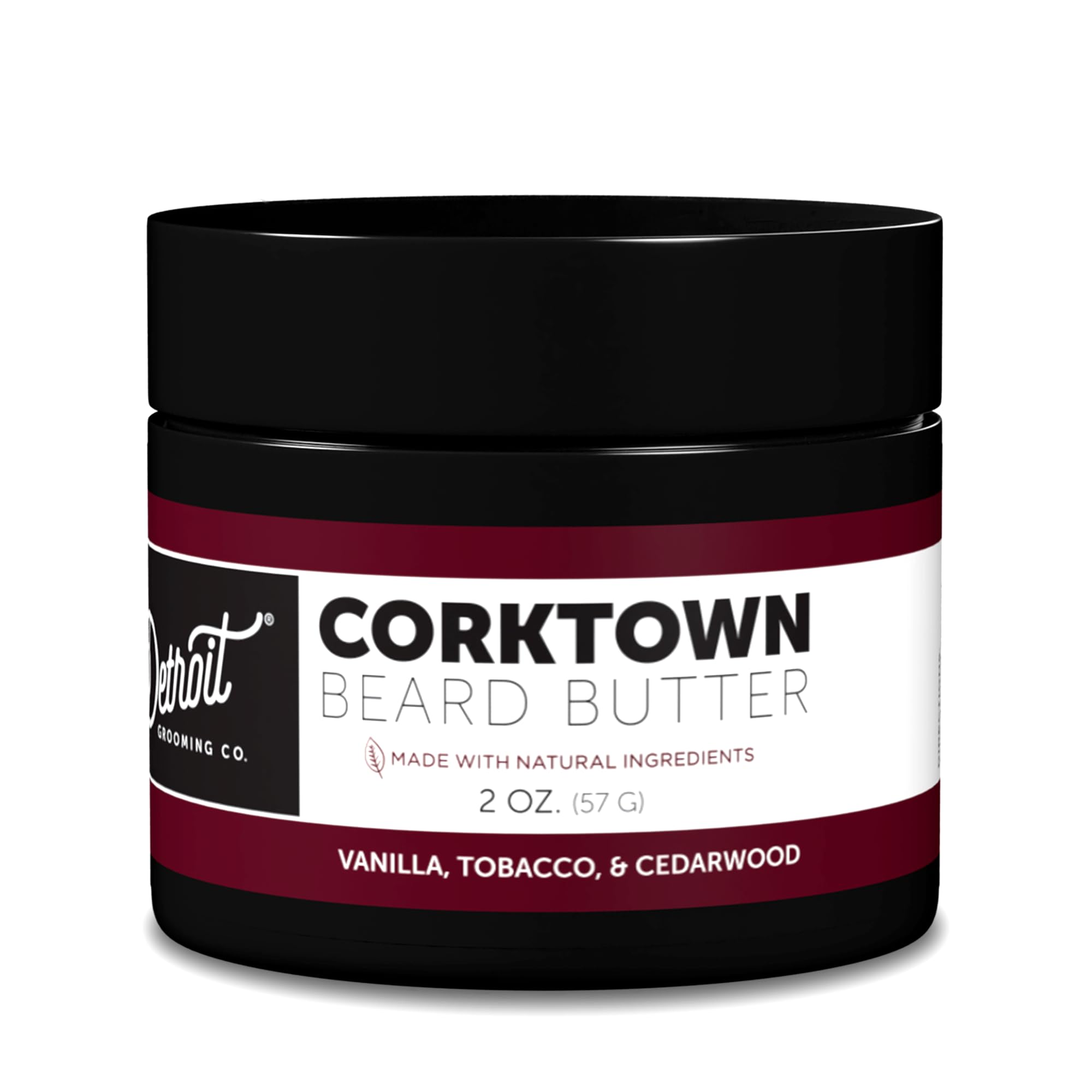 Detroit Grooming Co beard butter Corktown jar showcases rich moisturizing for softer beards.