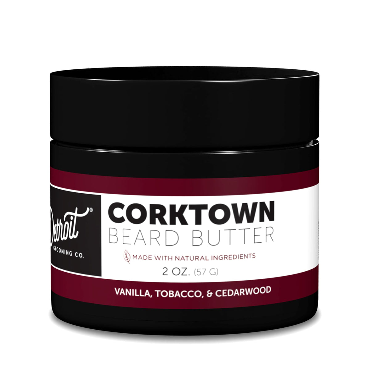Detroit Grooming Co beard butter Corktown jar showcases rich moisturizing for softer beards.
