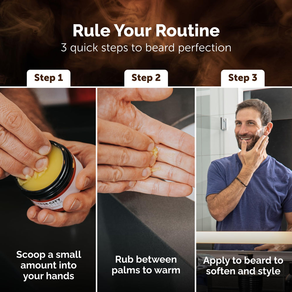 Detroit Grooming Co man applying beard butter for effortless grooming.