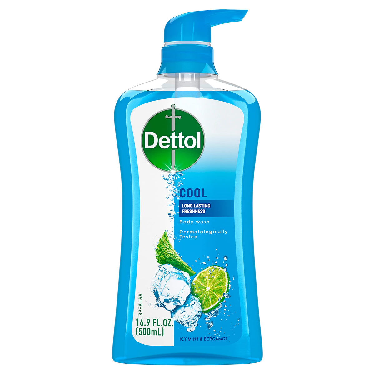Dettol Cool Body Wash bottle front highlighting mint-bergamot freshness for daily cleansing.