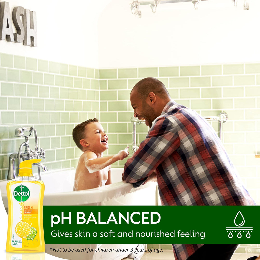 Dettol Fresh Body Wash displayed in a clean bathroom scene.