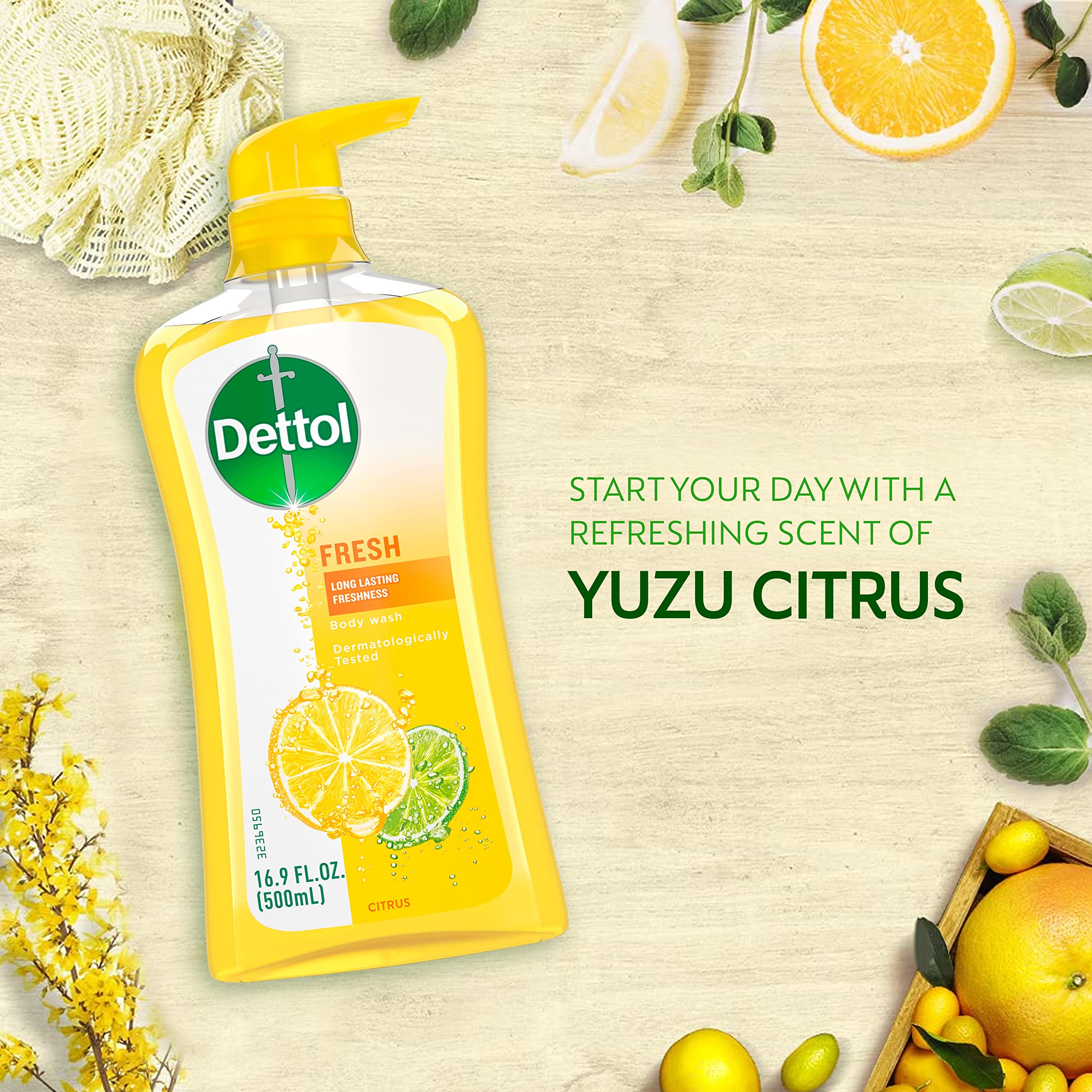 16.9oz Dettol Fresh Body Wash bottle on display.