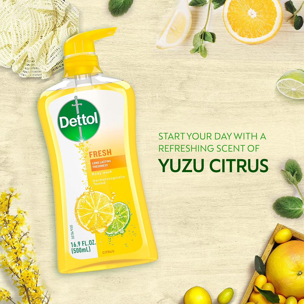 16.9oz Dettol Fresh Body Wash bottle on display.
