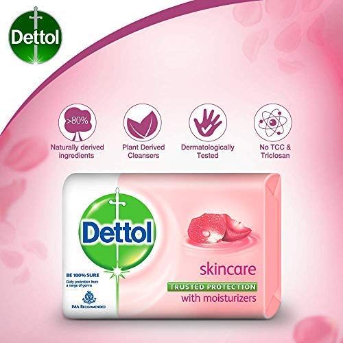 Dettol skincare soap on bathroom counter for easy home access.