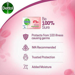 Dettol skincare soap four-pack display for convenient family use.