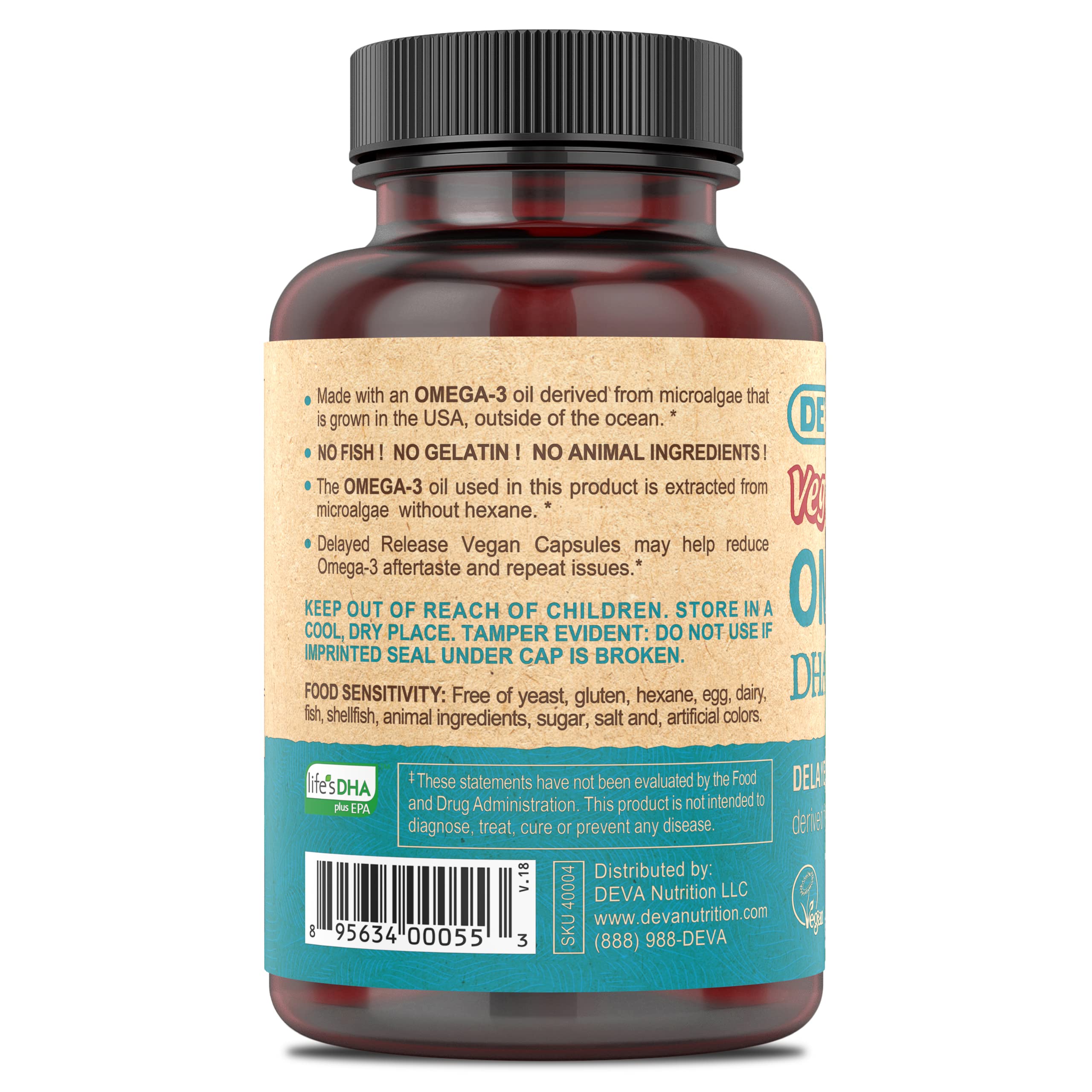 DEVA Vegan Omega-3 delayed-release capsules shown for long-lasting omega-3 availability