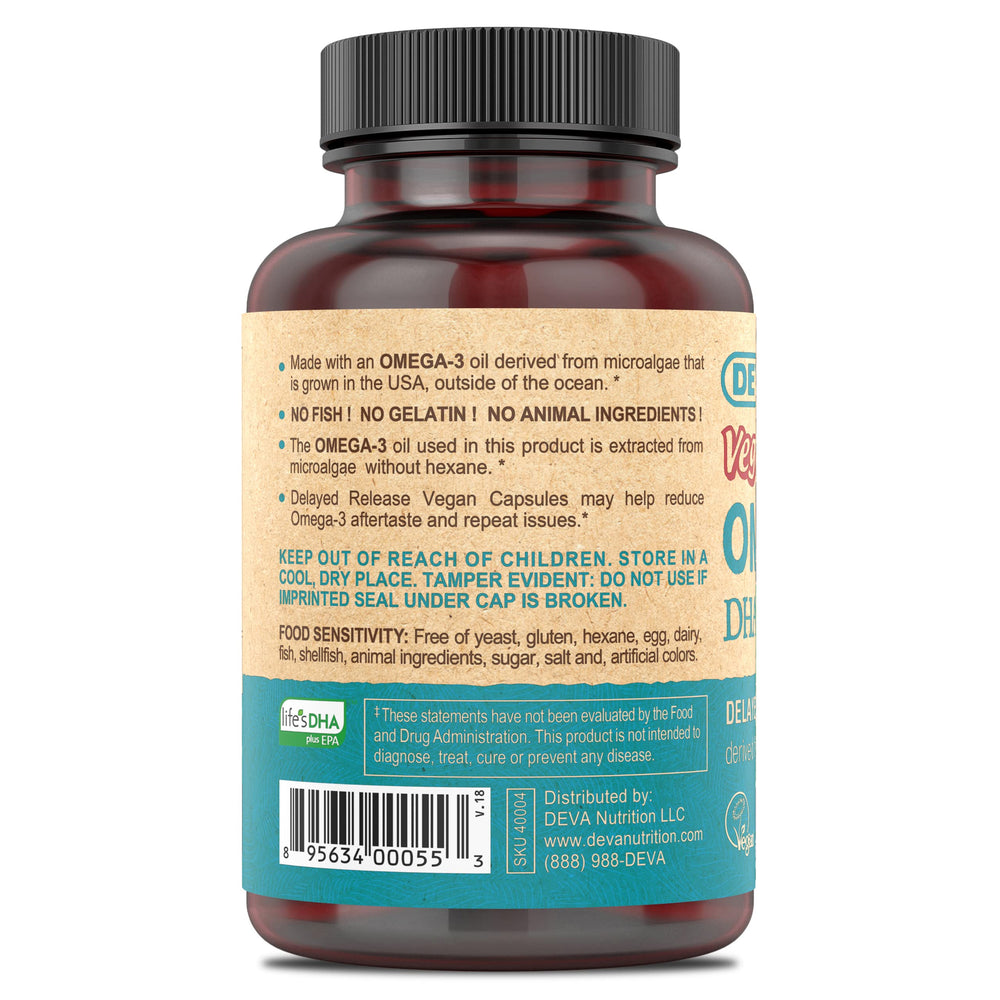 DEVA Vegan Omega-3 delayed-release capsules shown for long-lasting omega-3 availability