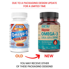 DEVA microalgae DHA-EPA capsules highlight vegetarian source from controlled environment, reduces contamination risk