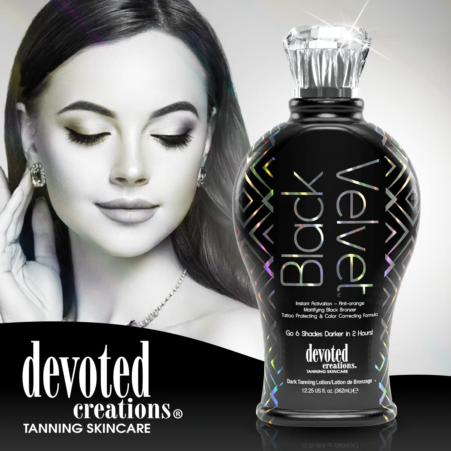 Devoted Creations Black Velvet on skin shows deep tan with color fade protection.