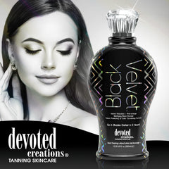 Devoted Creations Black Velvet on skin shows deep tan with color fade protection.
