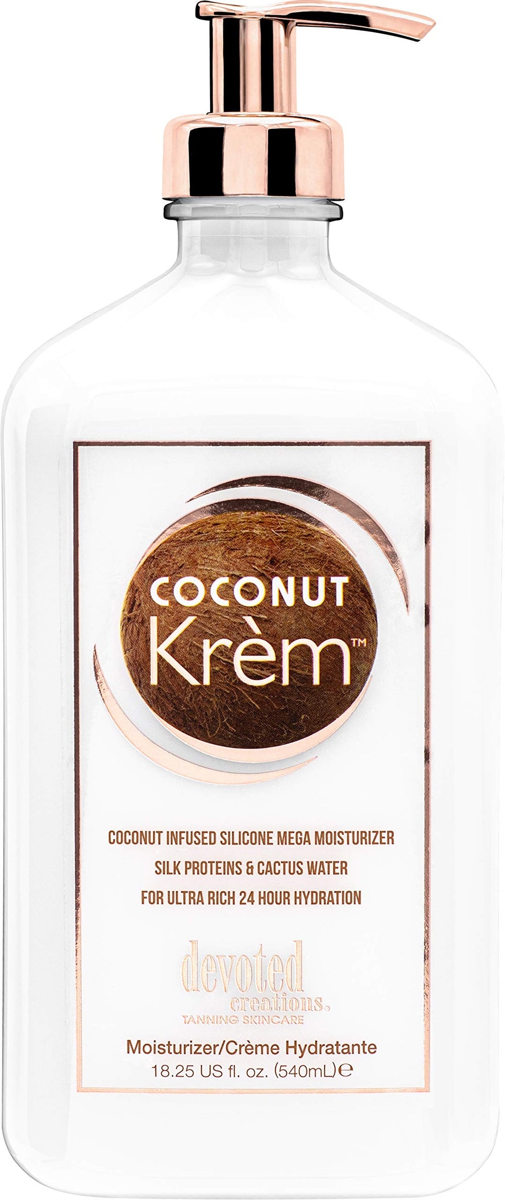 Devoted Creations Coconut Krém Moisturizer bottle delivers ultra-hydration with silicone moisture lock technology.