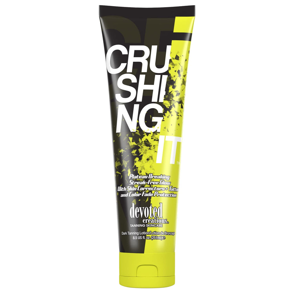 Devoted Creations Crushing It dark tanning lotion bottle showing smooth, bronzing potential.