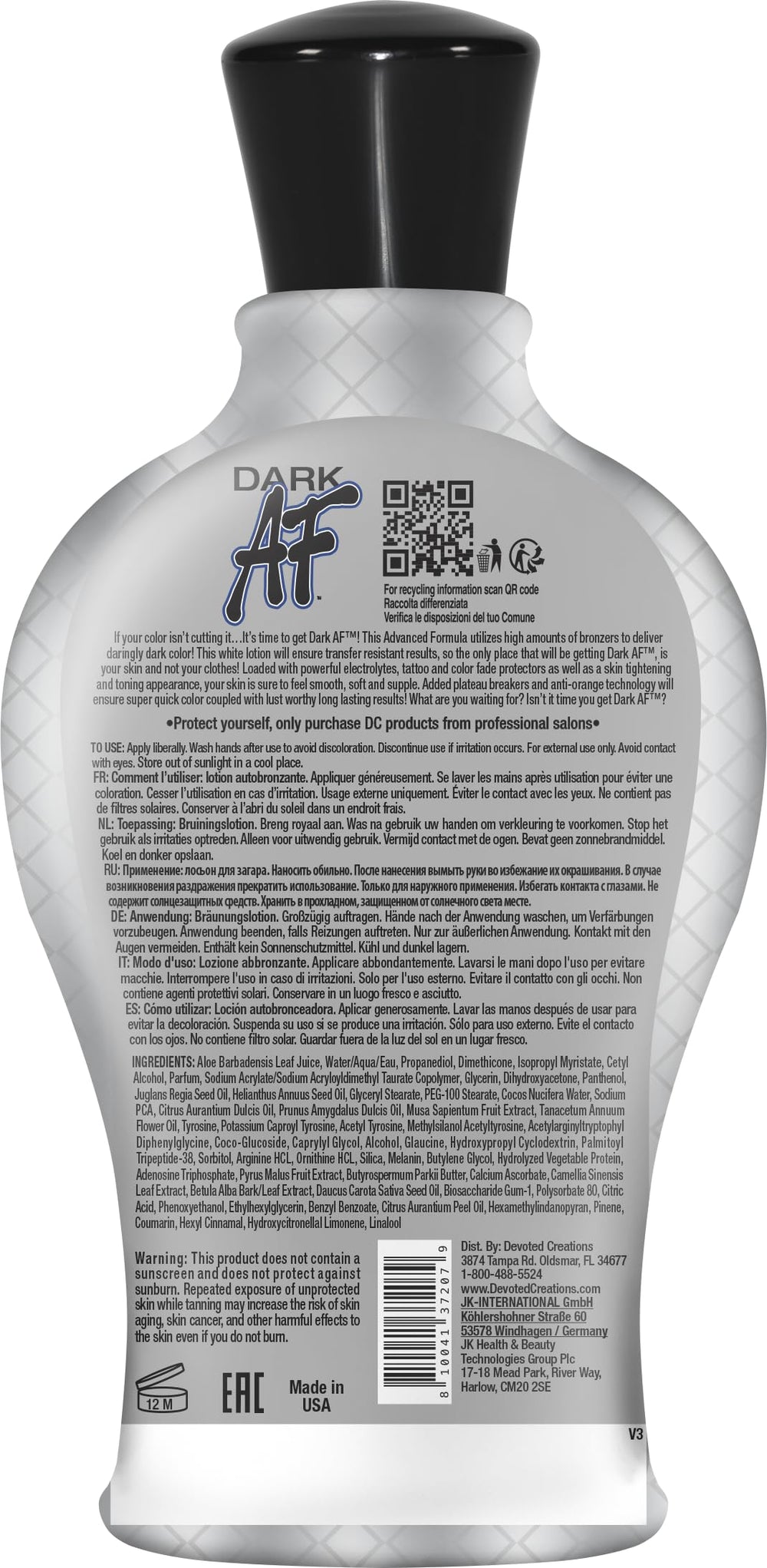 Devoted Creations Dark AF lotion close-up emphasizes luxe texture and long-lasting color finish.