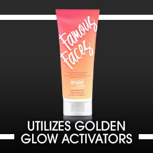 Devoted Creations Famous Faces tanning lotion on skin demonstrates buildable dark facial tan.