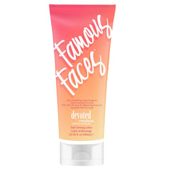 Devoted Creations Famous Faces tanning lotion bottle demonstrates buildable facial tan.