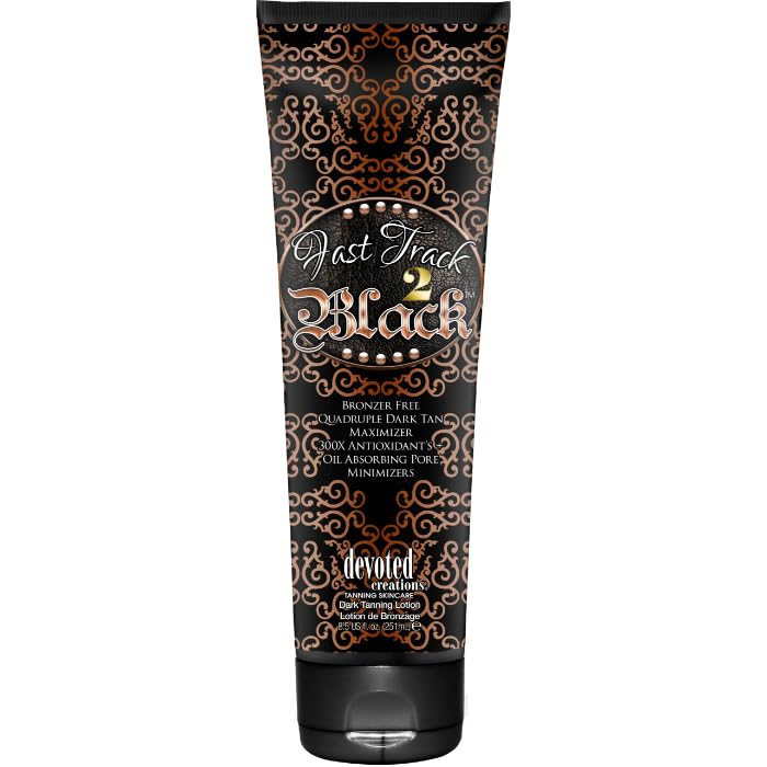 Devoted Creations Fast Track 2 Black bottle front view for deeper tan potential