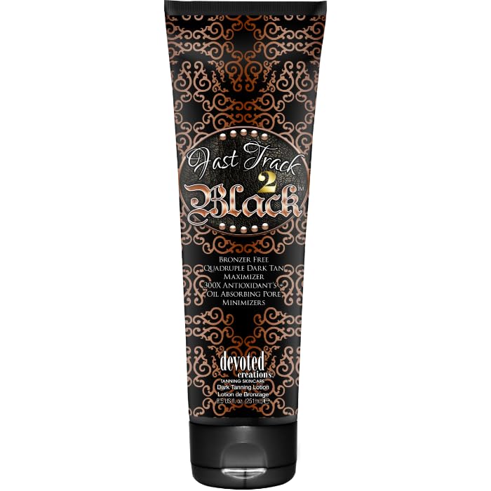 Devoted Creations Fast Track 2 Black bottle label, features Dark Tan Quad Maximizer