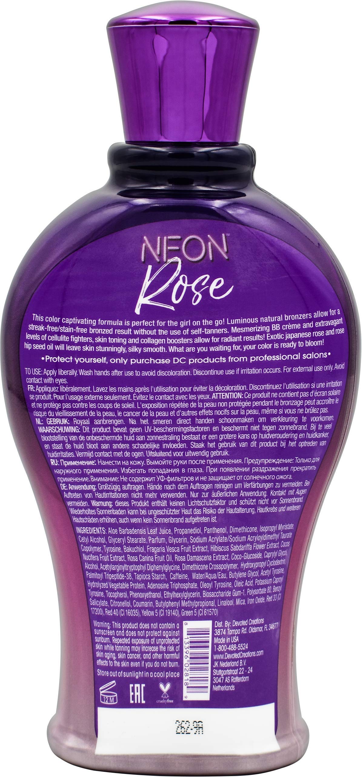 Devoted Creations Neon Rose bottle back shows packaging and fragrance notes for a luxurious tanning ritual.