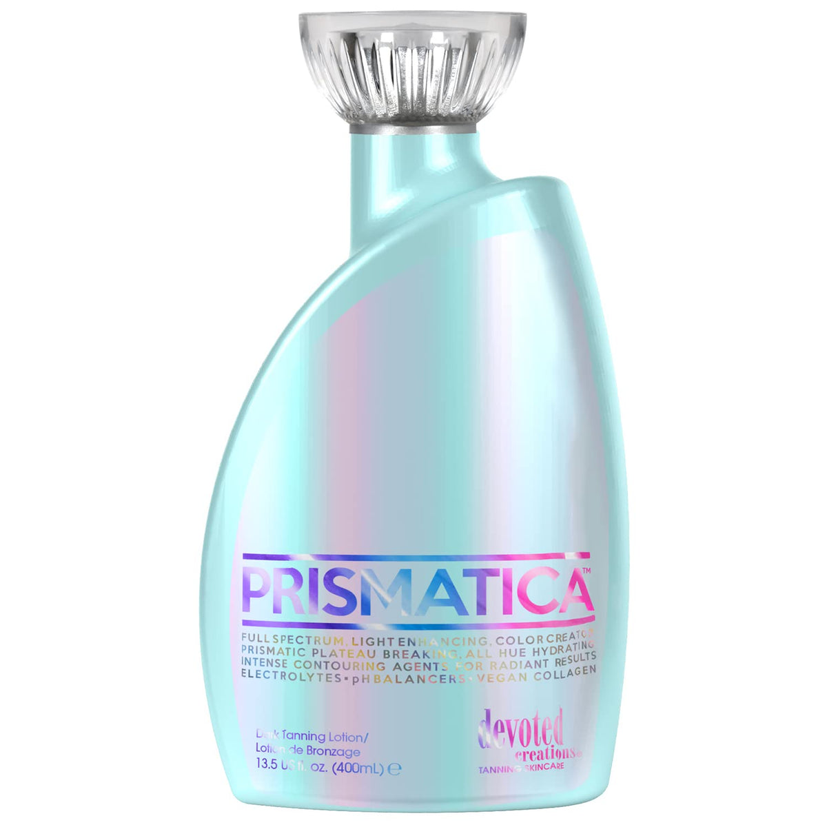 Devoted Creations Prismatica color-change UV bottle for dynamic tanning feedback.