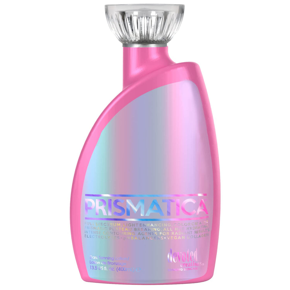 Devoted Creations Prismatica dark tanning optimizer jar highlighting deep color without bronzer.