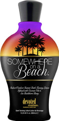Devoted Creations Somewhere on a Beach bottle front showing tropical Tantini scent for instant bronzing.